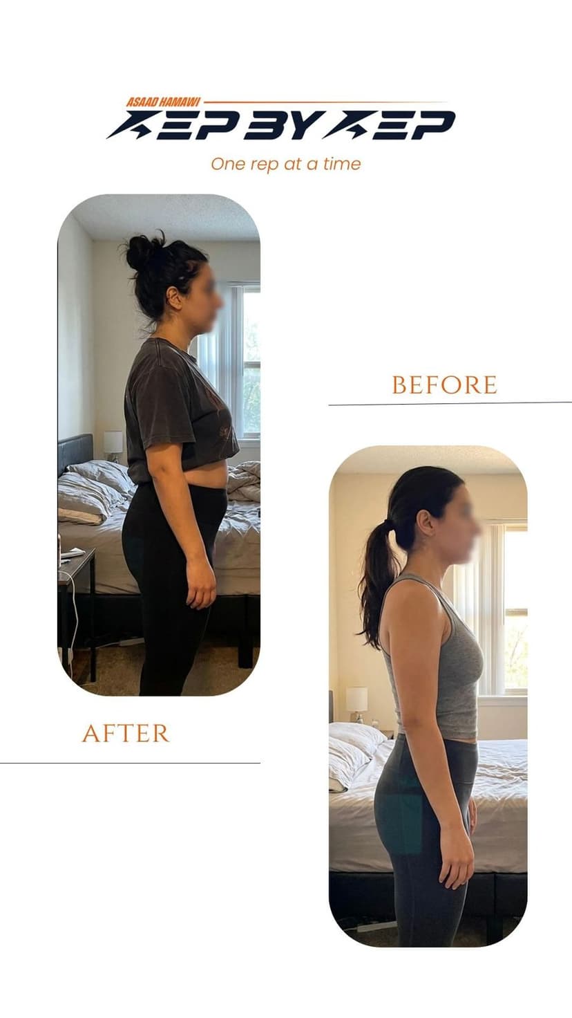 Client body transformation before and after - nutrition coaching outcome 26